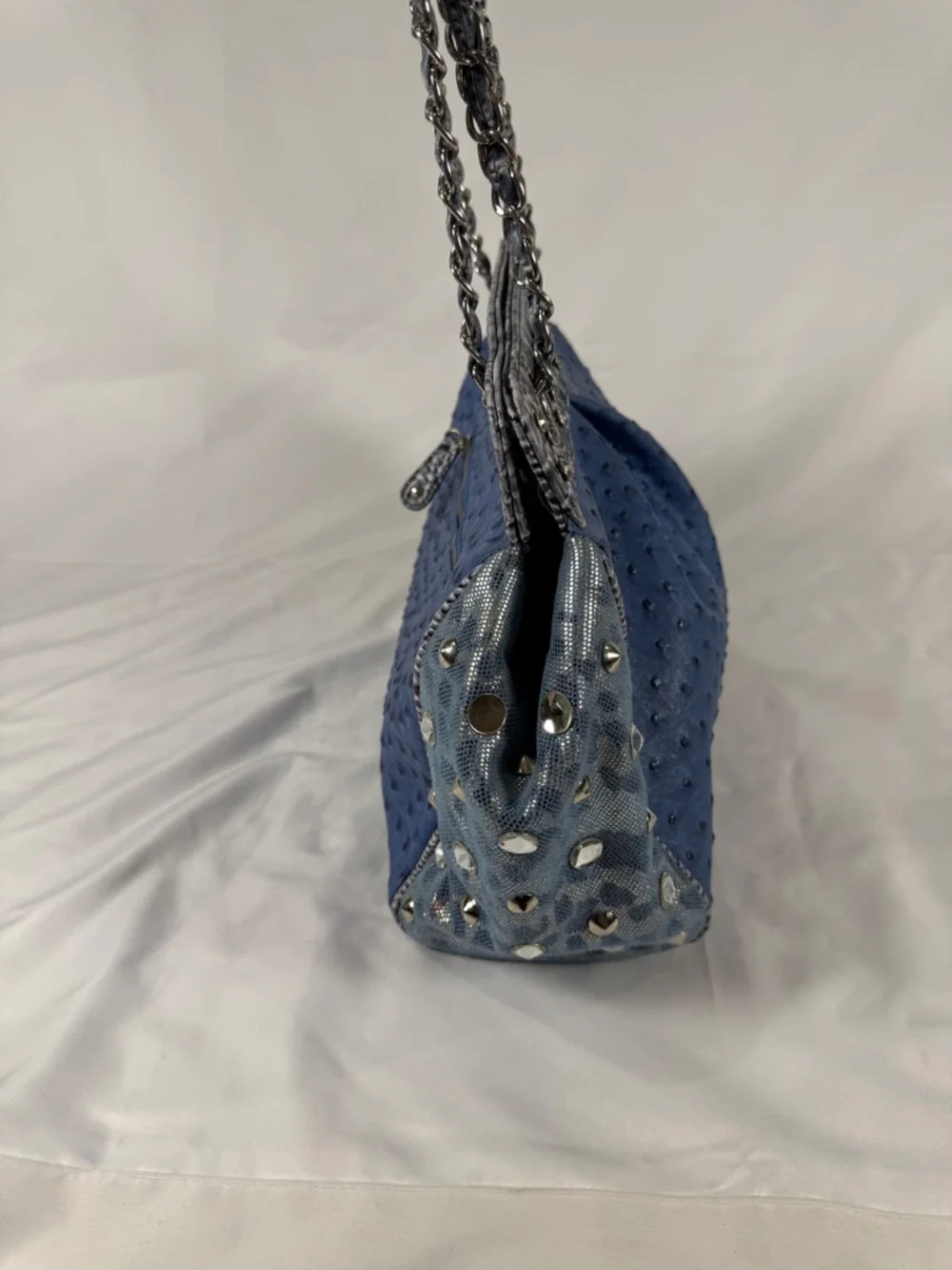 Blue Faux Ostrich Studded Chain Shoulder Bag Y2K Western Glam